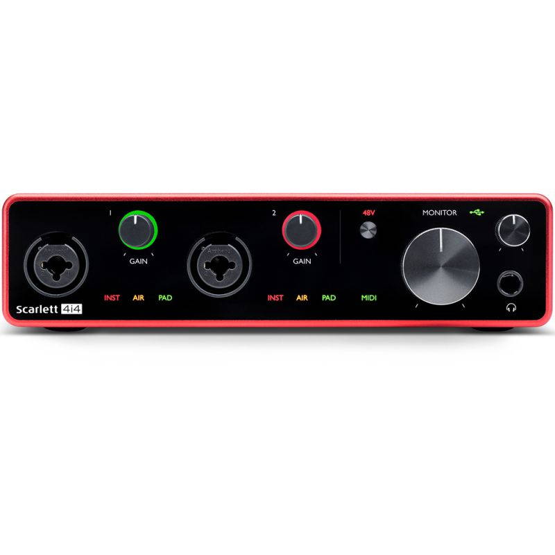Focusrite Scarlett 4i4 USB Audio/MIDI Interface (3rd Gen) Bundle with Studio Monitor Headphone & 4x XLR-XLR Cable
