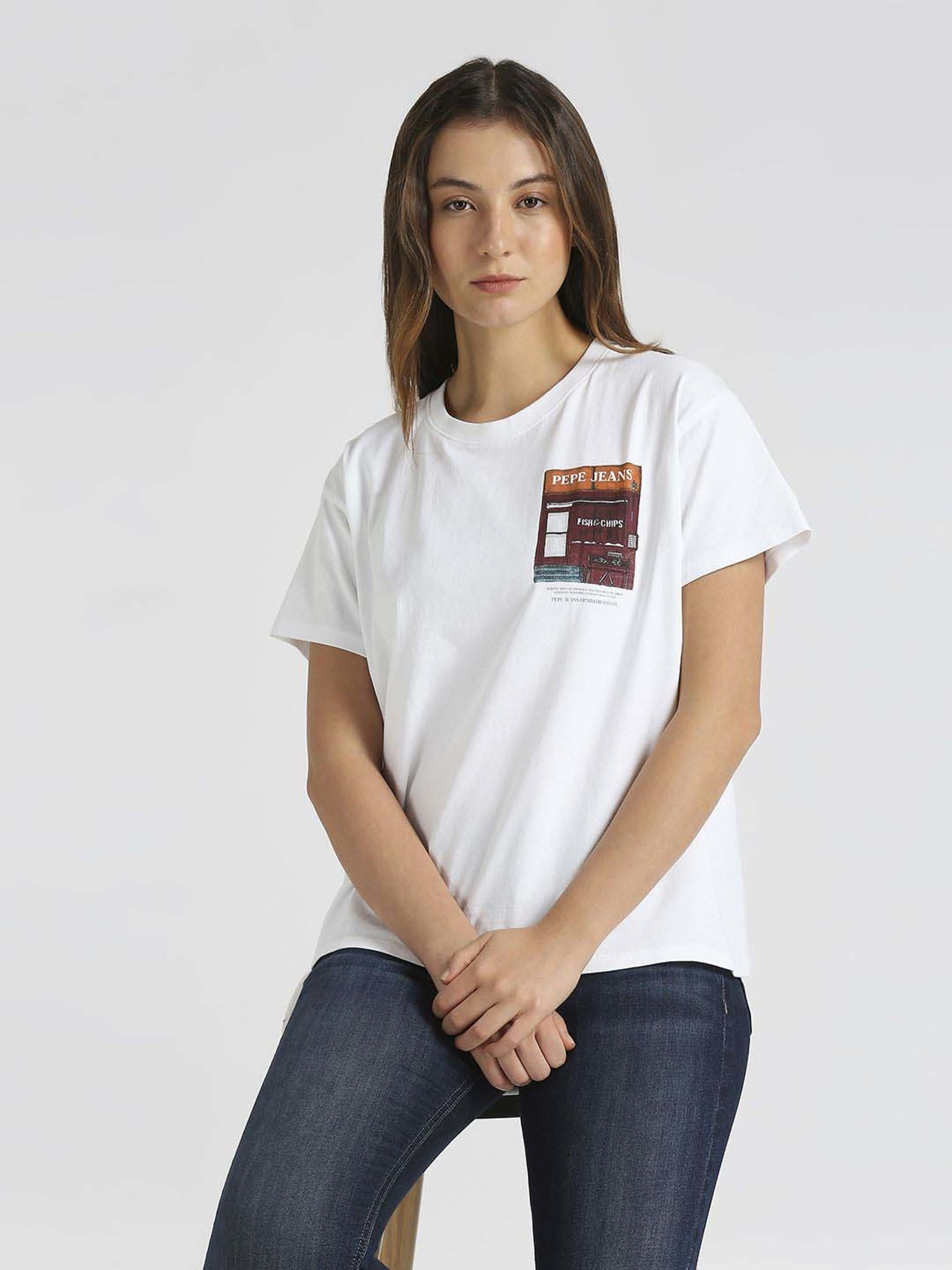 Pepe Jeans White Cotton Printed T-Shirt