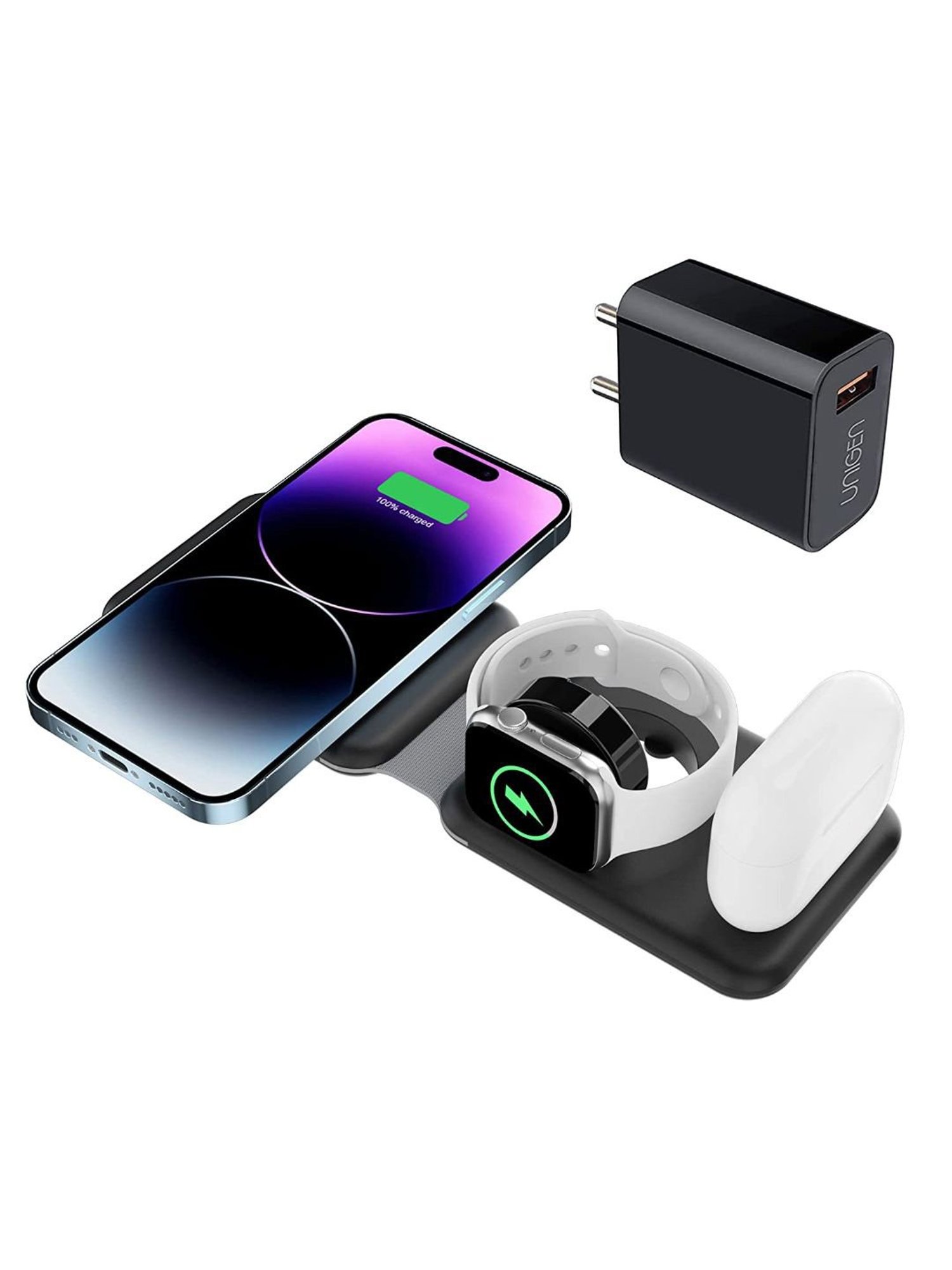 Unigen Audio Wireless Charger, Magnetic Foldable Charging Station with QC 18W Adapter (Black)