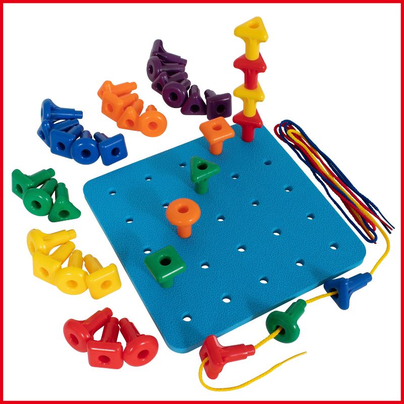 Edx Education Geo Pegs and Peg Board Set - 36 Pegs in 3 Shapes and 6 Colors + 3 Laces - Ages 18m+