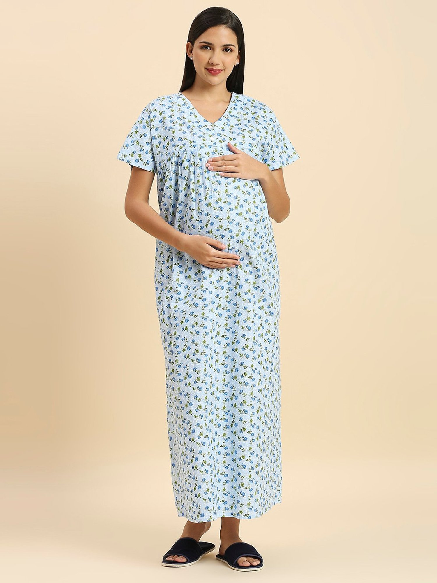 MomToBe Blue Cotton Floral Print Feeding Nighty