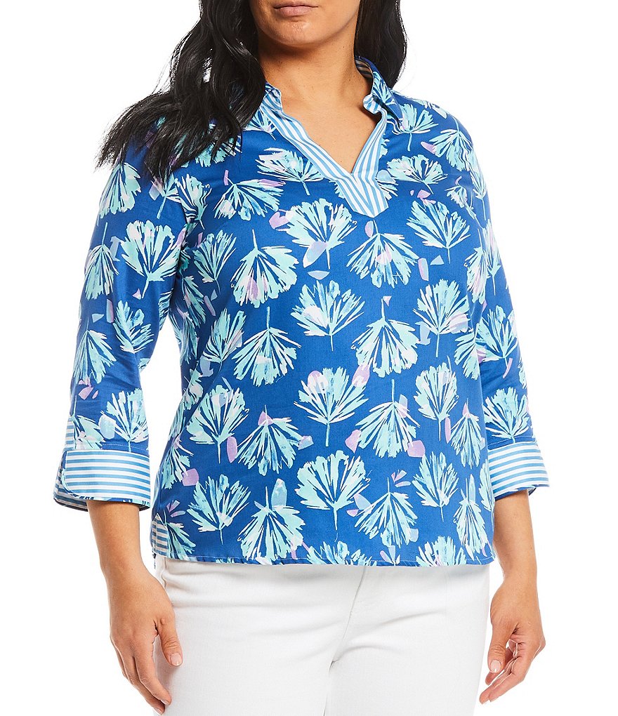 Foxcroft Plus Size Pressed Floral Print Point Collar Neck 3/4 Roll-Cuff Sleeve Top