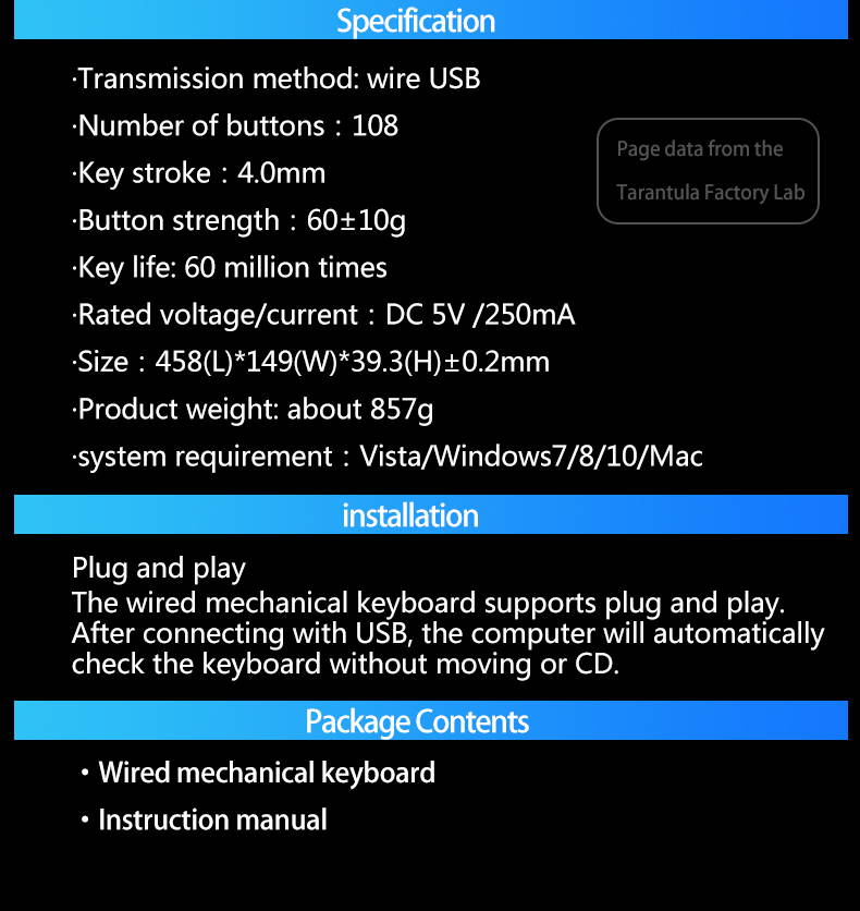Mechanical Gaming Keyboard Wired with 87 Keys Anti-Ghosting Programmable RGB Rainbow Backlit for Laptop Games and Work (Blue Switch, Black)