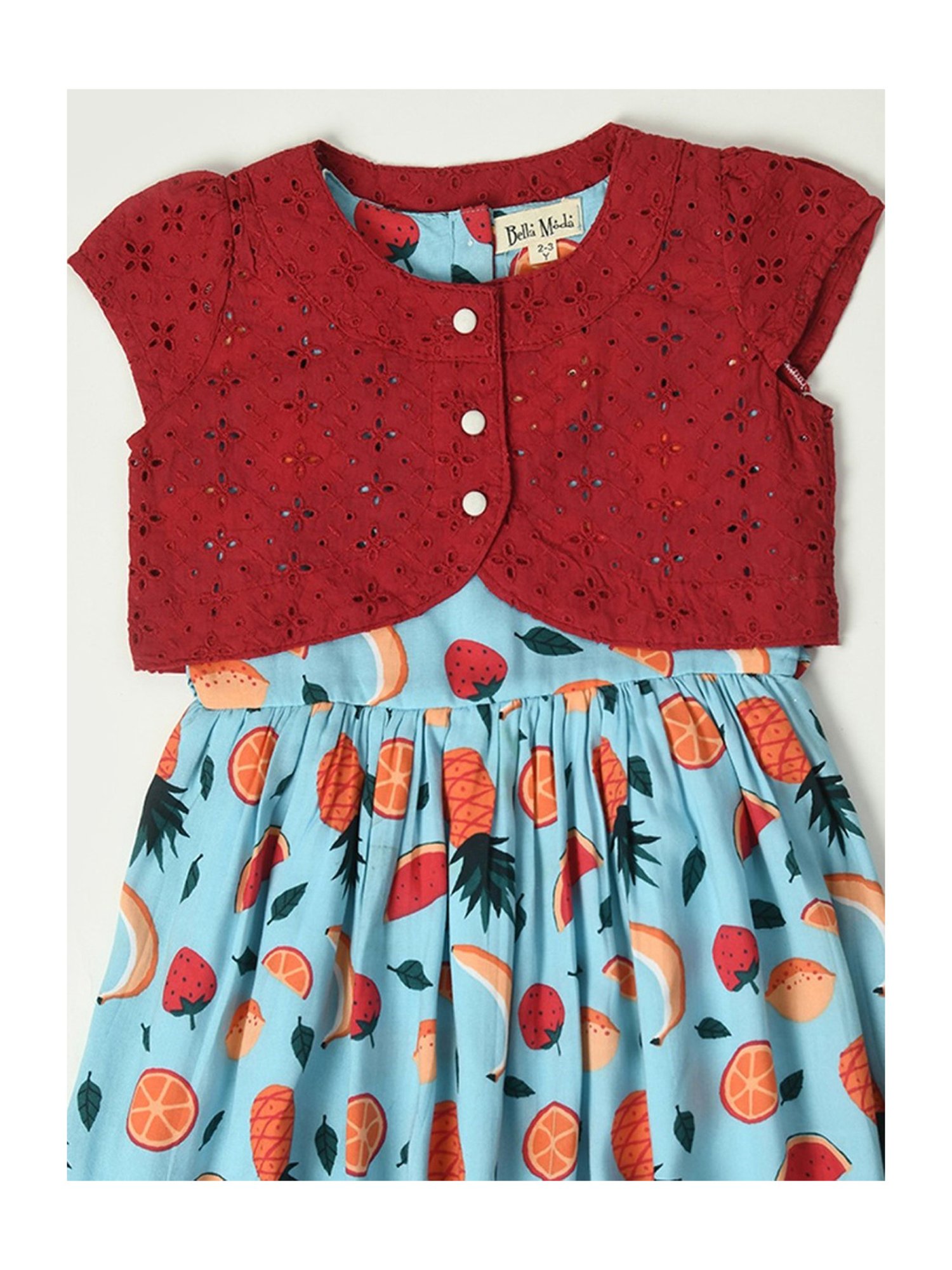 Bella Moda Kids Blue & Maroon Self Design Fit & Flare Dress with Jacket