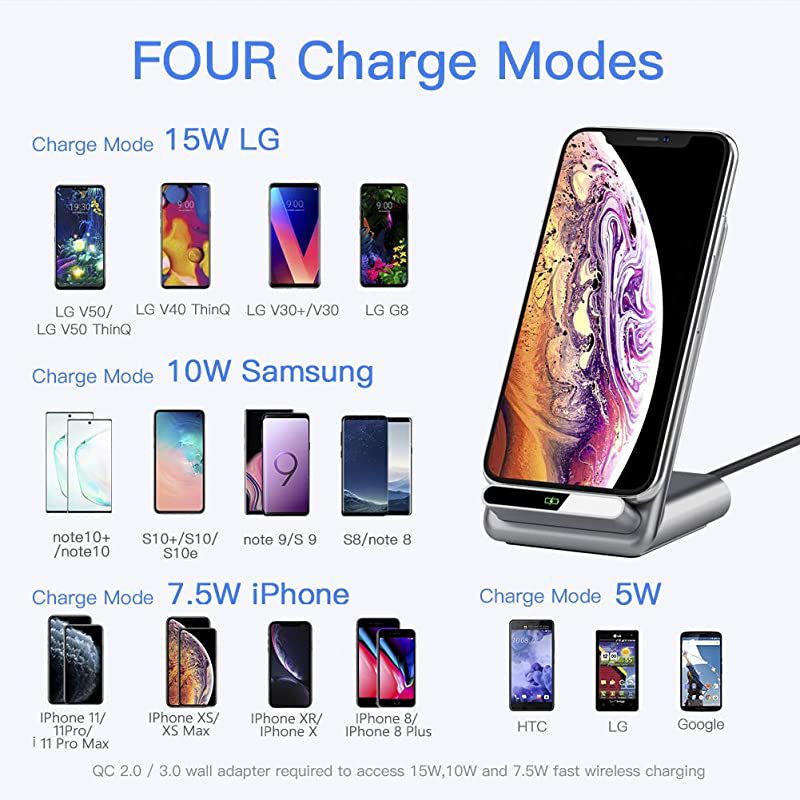 75W10W15W Fast Wireless Charger with Cooling Fan75W Wireless Charging Stand with QC30 Adapter Compatible iPhone 1111 Pro11 Pro MaxXSXRX810W Galaxy Note10S1015W LG V30V35G8