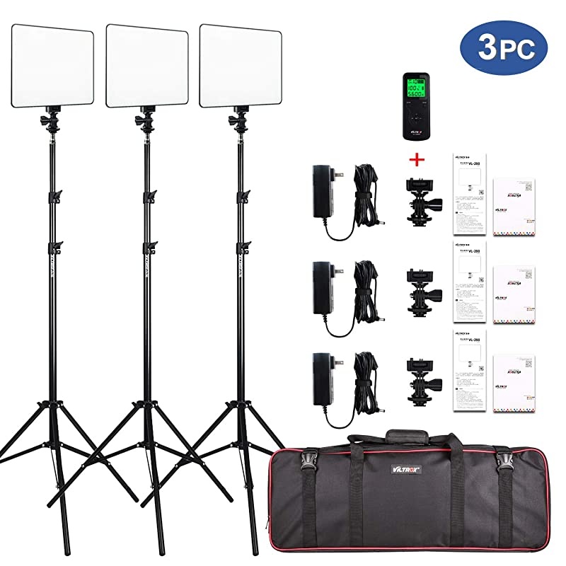 VL-200 3 Packs Ultra Thin Dimmable Bi-Color LED Video Light Panel Lighting Kit Includes: 3300K-5600K CRI 95 LED Light Panel with Hot Shoe Adapter/Light Stand/Remote Controller and AC Adapter