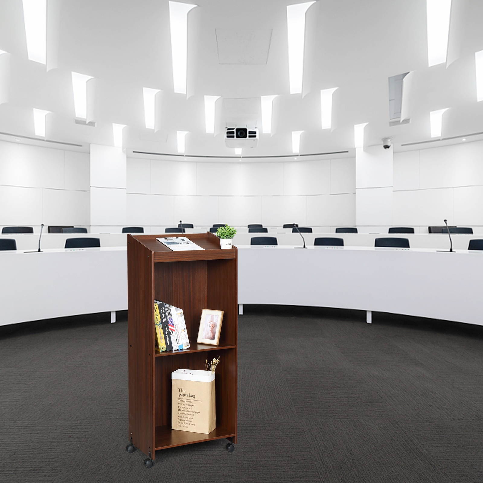 (Ship from US!!!) Wooden Podium Stand, Rolling Lectern Desk with Casters and 2 Shelf Open Cabinets, Mobile Stand-up Speaking Table Portable Walnut Storage Shelves for Church School Classroom Office