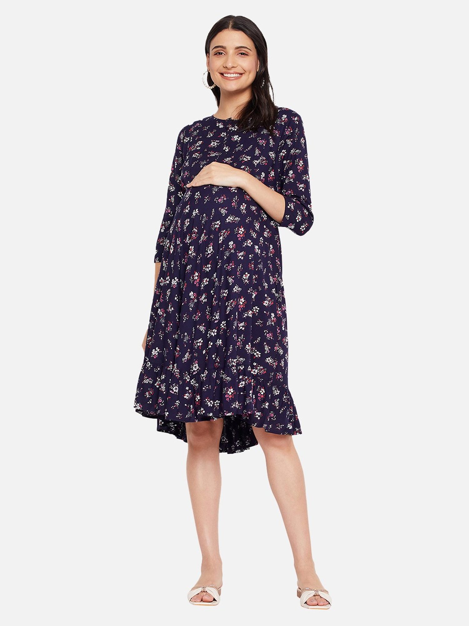 Hypernation Navy Rayon Floral Print Maternity Dress