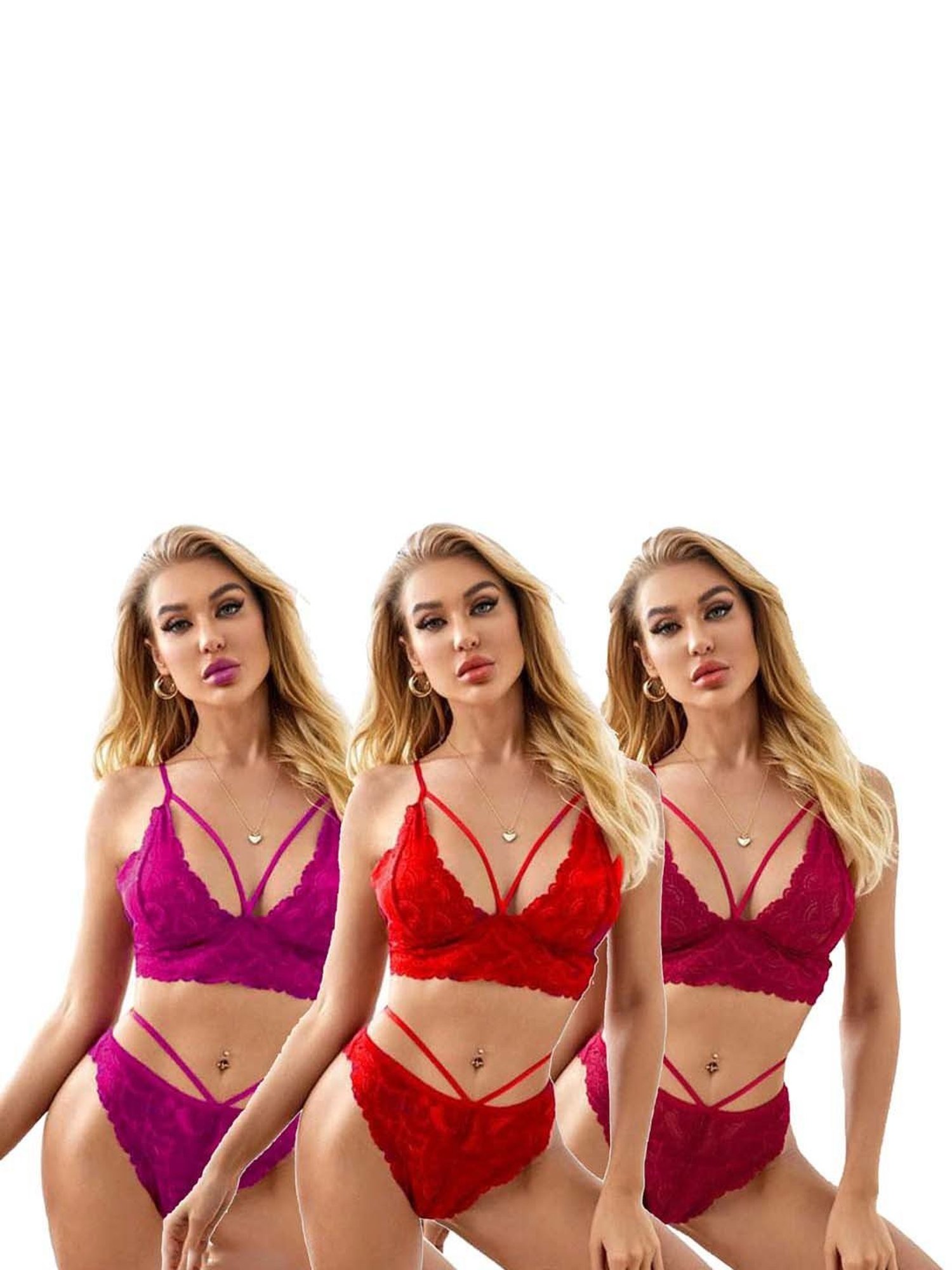 AROUSY Red & Purple Self Pattern Bra Panty Set - Pack Of 3
