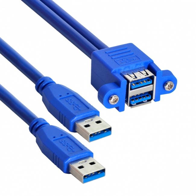 CY Combo Dual USB 3.0 Male to Stackable Female Extension Cable 50cm with Screw Panel Mount Holes
