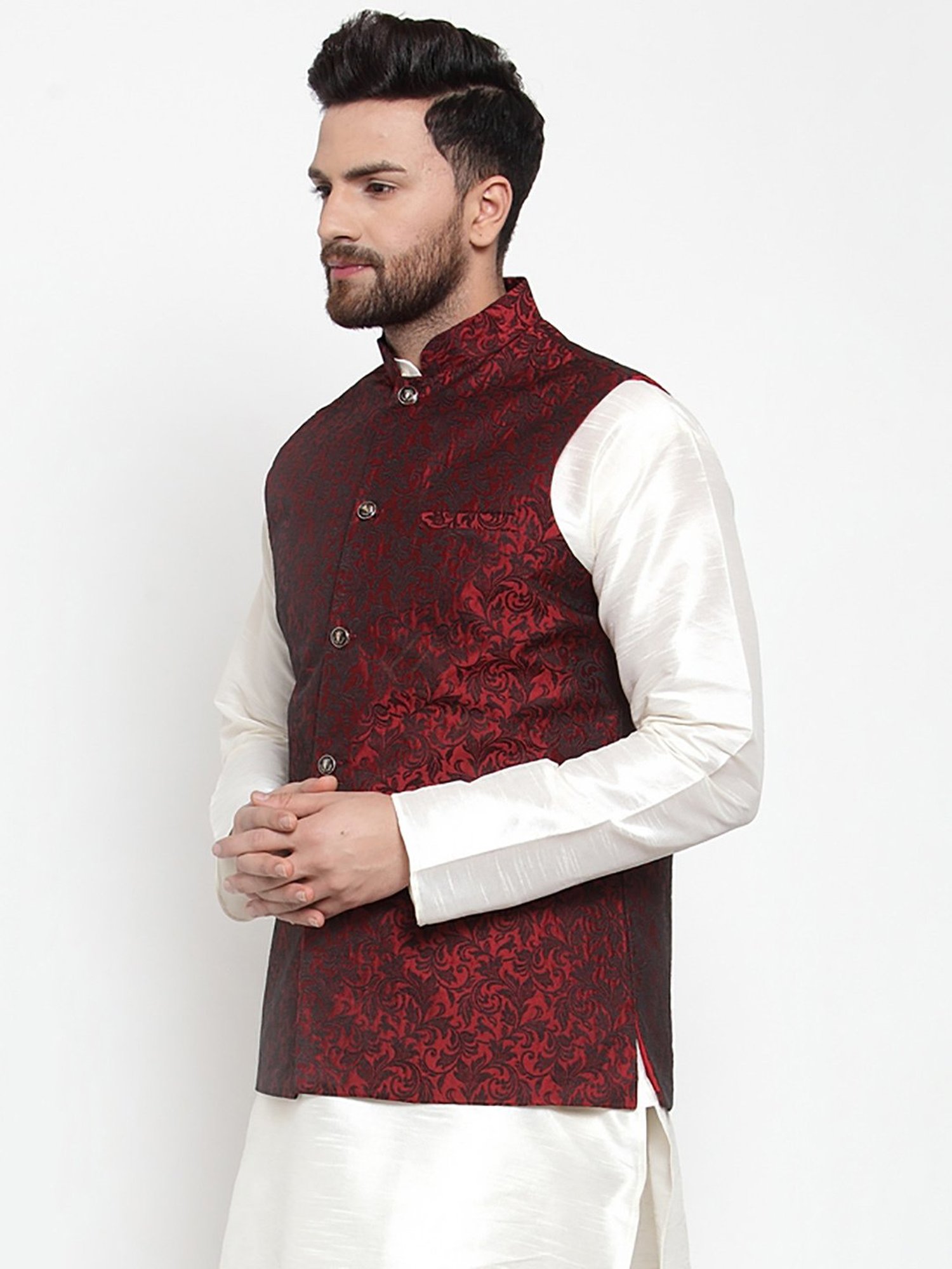 Jompers Maroon Regular Fit Self Design Nehru Jacket