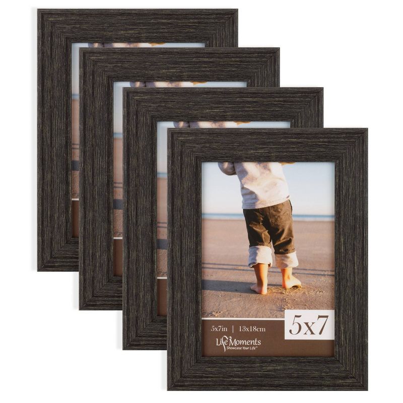 4pc (5" x 7") Rustic Woodgrain Tabletop or Wall Mount Picture Frames Distressed Black - Life Moments