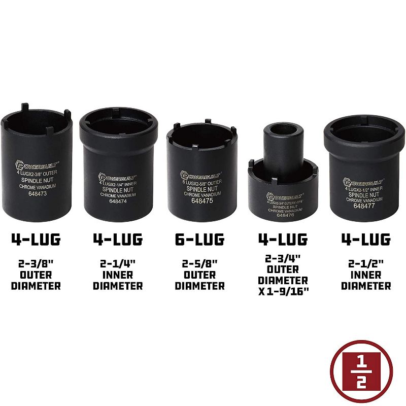 Powerbuilt 648636 Universal Heavy Duty Automotive 5 Piece Spindle Nut Socket Kit with Carrying Case