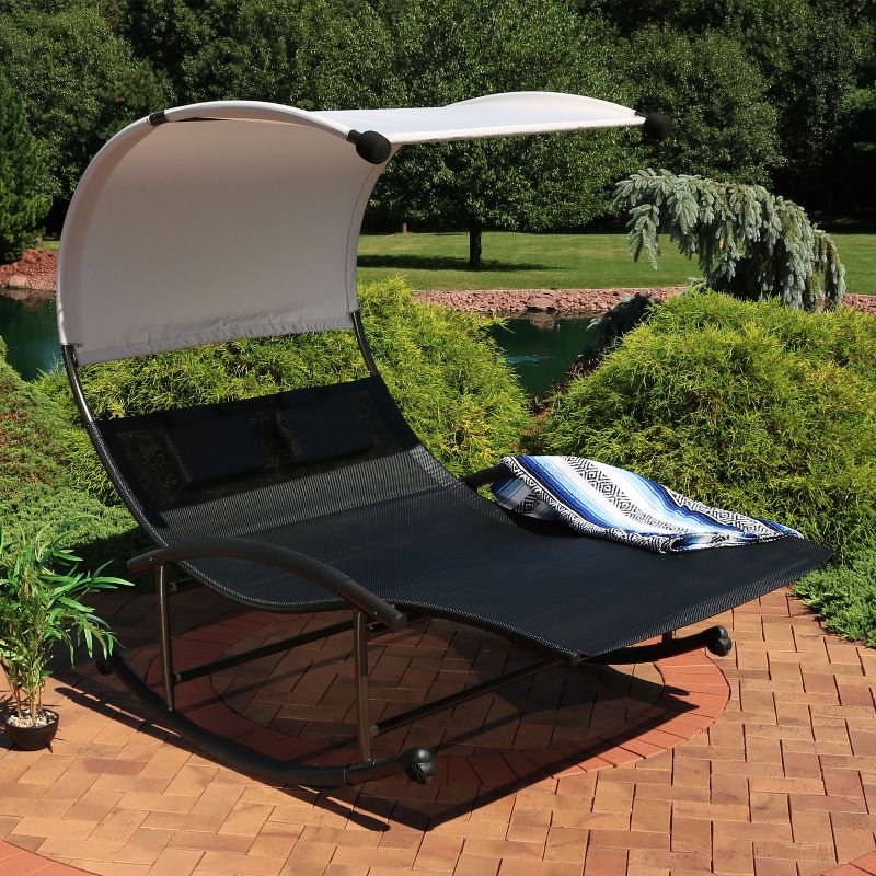 Sunnydaze Outdoor Double Chaise Lounge Bed with Canopy Shade and Headrest Pillows, Black