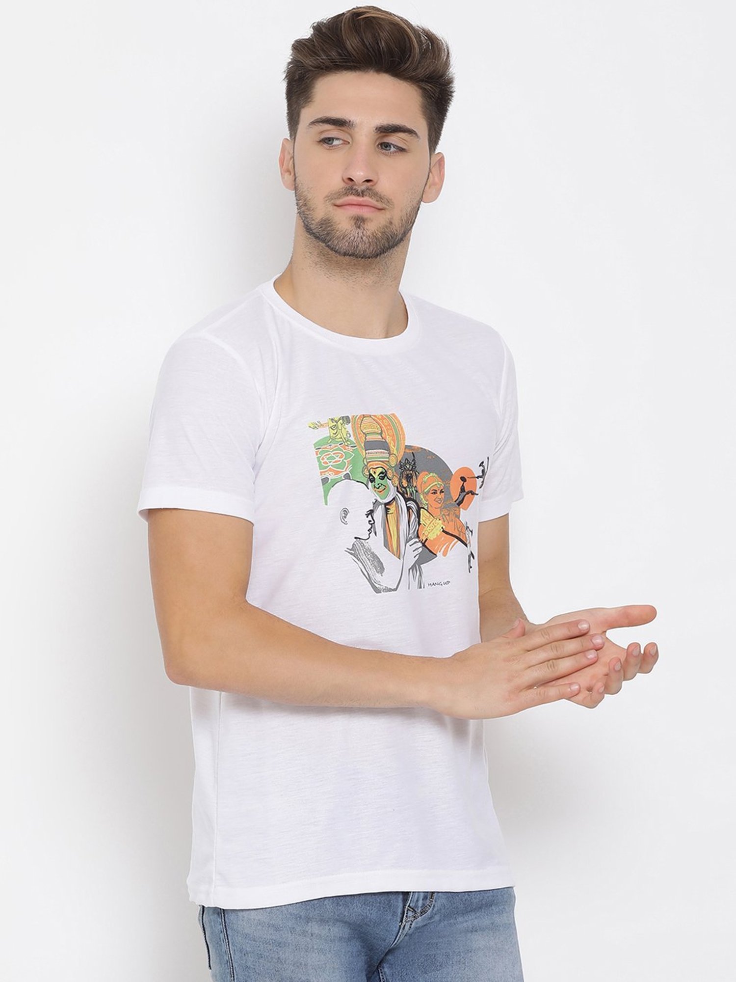 Hangup Plus White Regular Fit Printed Crew T-Shirt