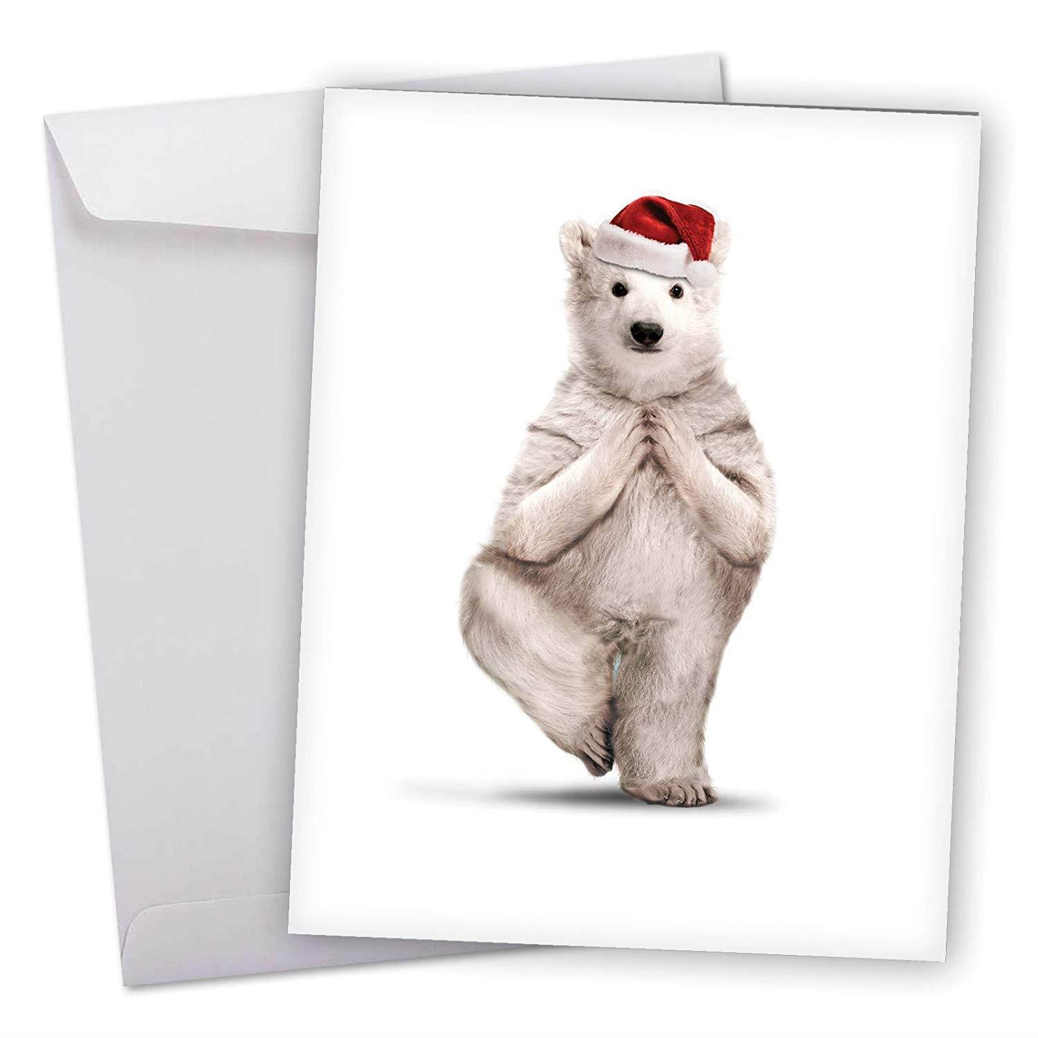 Funny 'Zoo Yoga Polar Bear' Merry Christmas Card with Envelope (Big 8.5" x 11") - Large Yoga Polar Bear Wearing A Santa Hat - Animal Holiday & Xmas Stationery #J6547JXSG