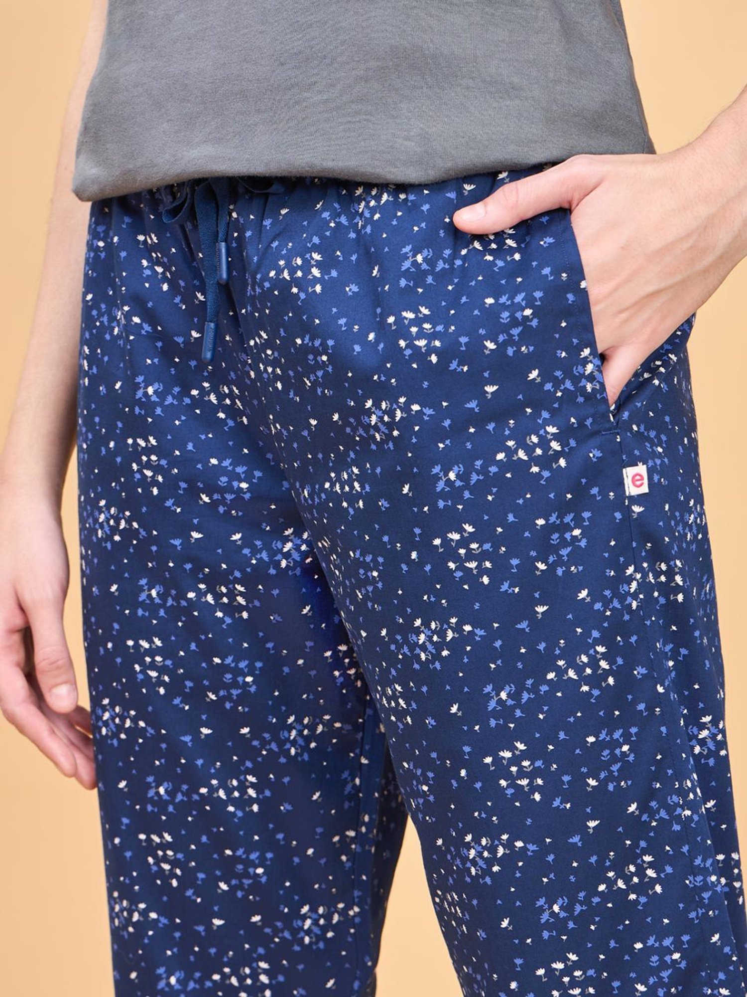 Enamor Medieval Blue Cotton Floral Print Lounge Track Pants
