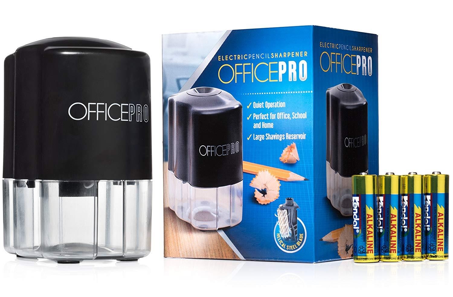 OfficePro Electric Pencil Sharpener - For School and Classroom, Helical Steel Blade Sharpens All Pencils Including Color, Auto-Stop Feature, Ultra-Portable - Batteries Included (Pencil Sharpener)