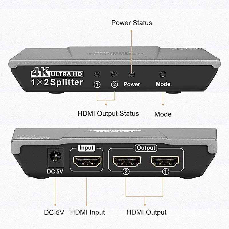 HDMI Splitter 1 Input 2 Output 4K@60Hz 4:4:4 Ultra HD Dual Monitors Compatible with PC PS3 PS4 Xbox-HDMI, HDCP 2.2, HDR, RGB, YUV, 18 Gbps(Grey)