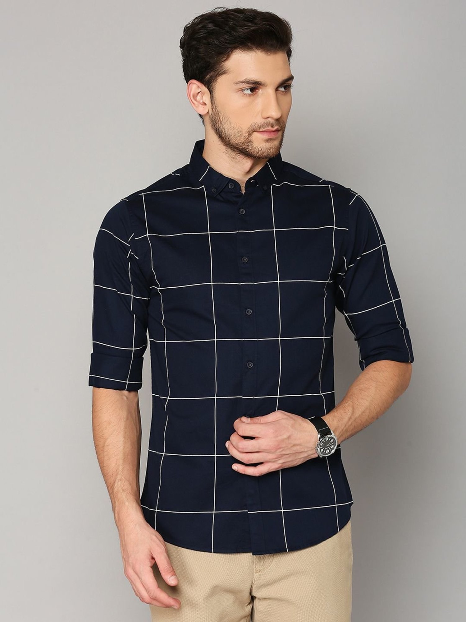 Dennis Lingo Navy Cotton Slim Fit Checks Shirt