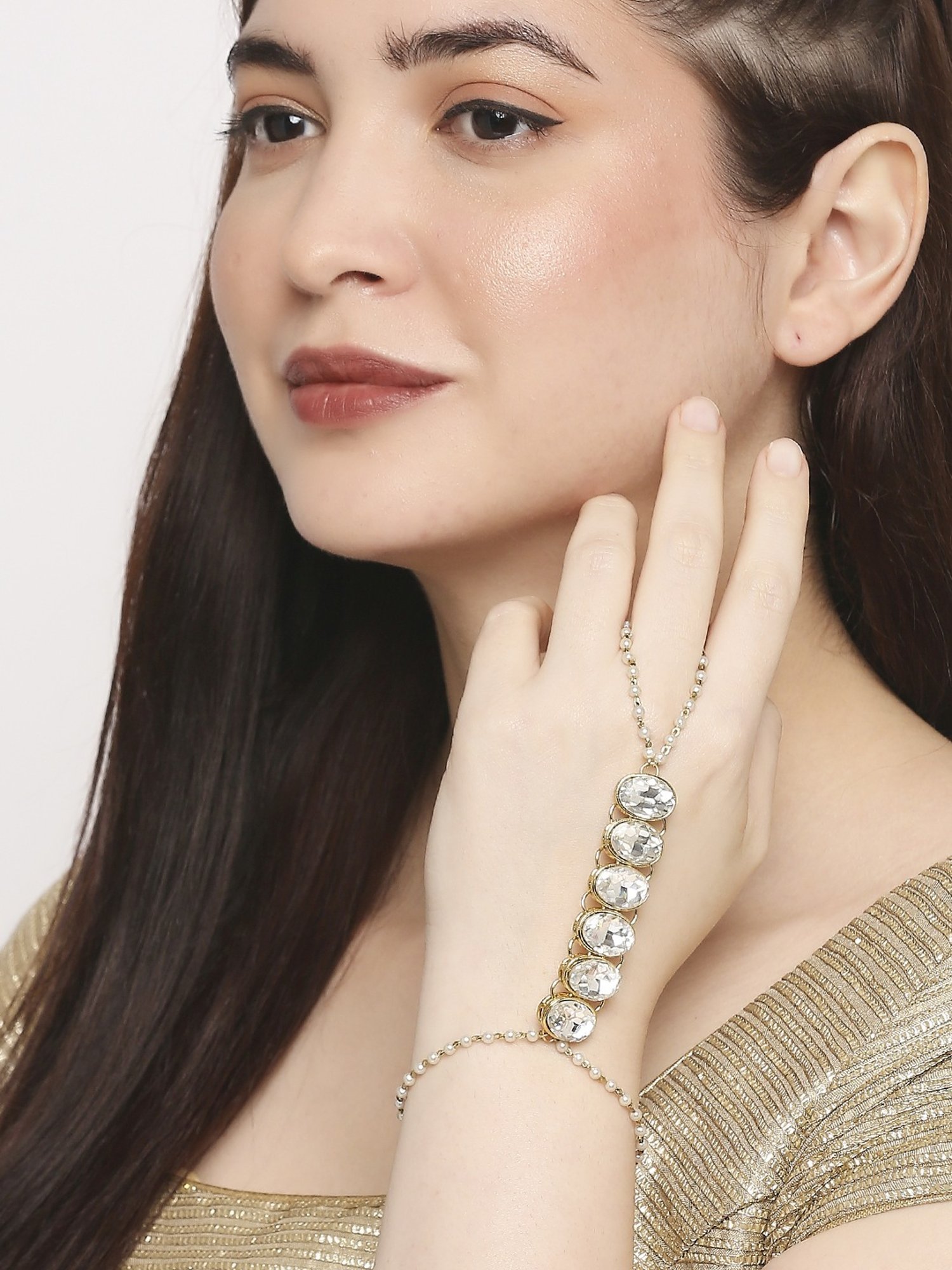 Oomph Gold Tone Kundan & Pearls Statement Ethnic Hand Harness