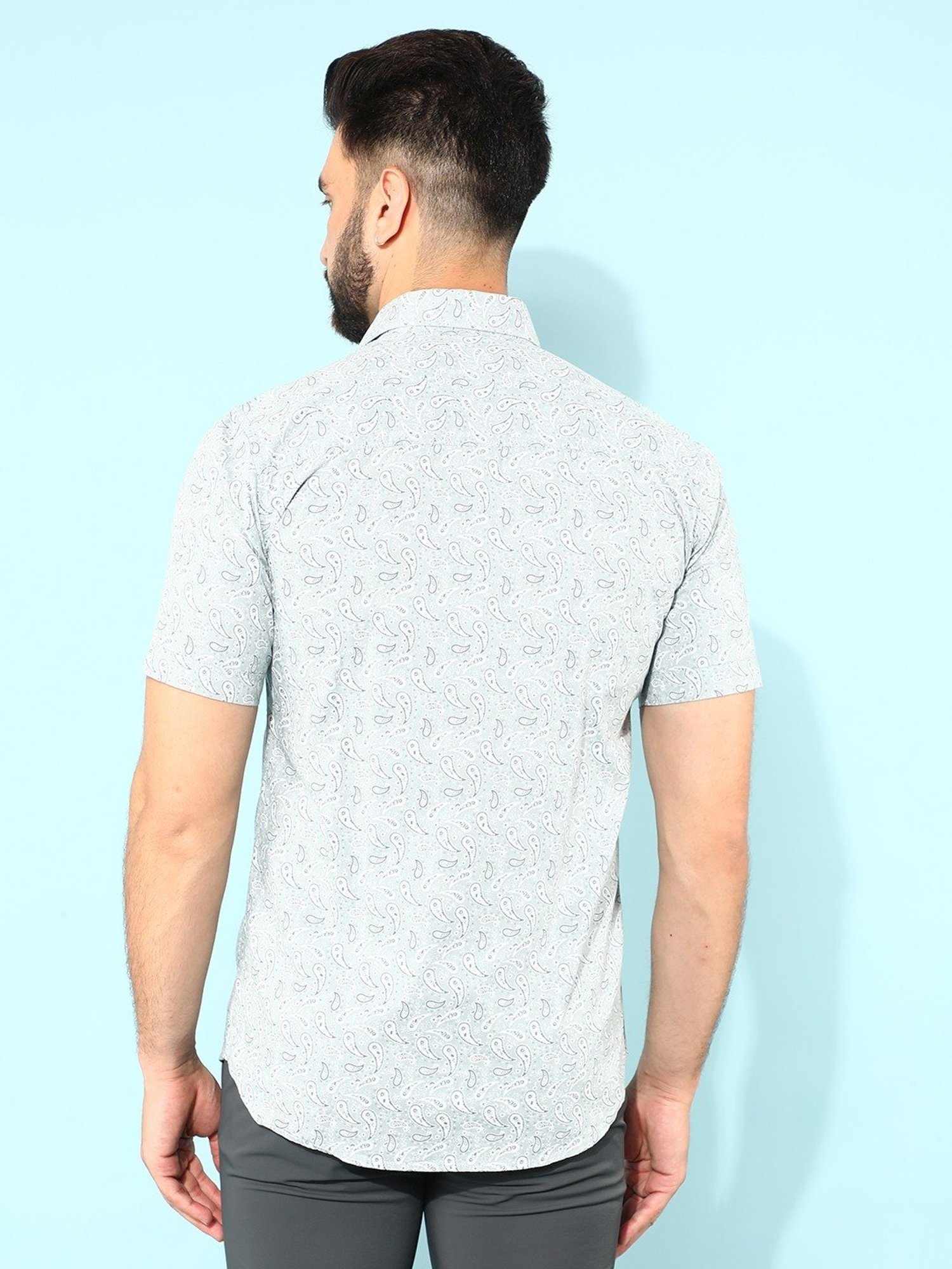 Crimsoune Club Grey Cotton Slim Fit Printed Shirt