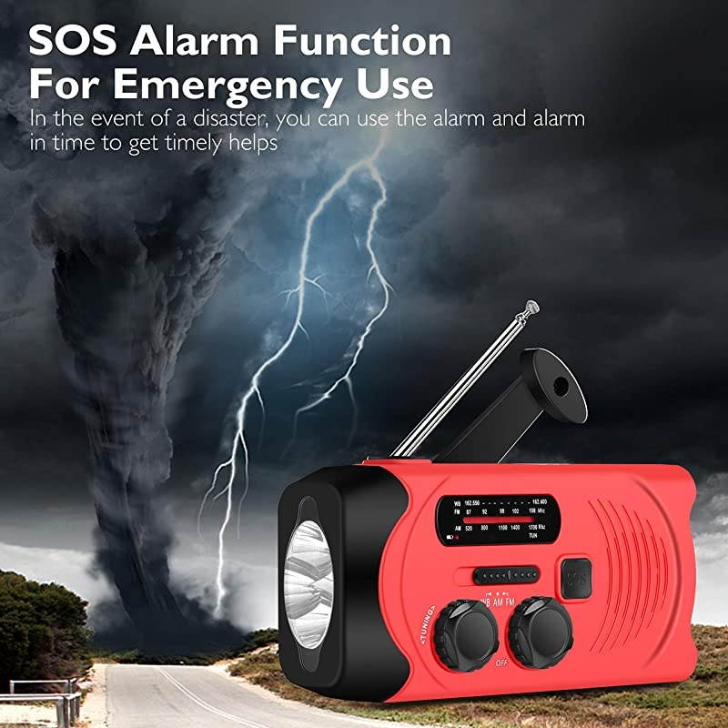 Solar Radio, AM/FM NOAA Weather Redio for Household and Outdoor, Hand Crank Self Powered Radio with LED Flashlight 2000mAh for Phone Charger Red