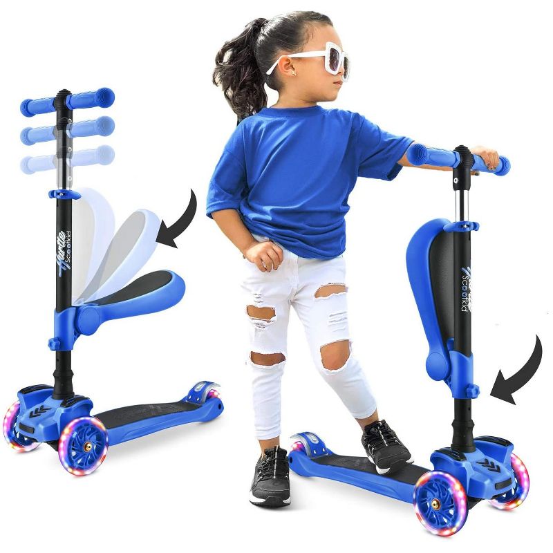 Hurtle ScootKid 3 Wheel Toddler Child Mini Ride On Toy Tricycle Scooter with Adjustable Handlebar, Foldable Seat, and Colorful Light Up Wheels, Blue