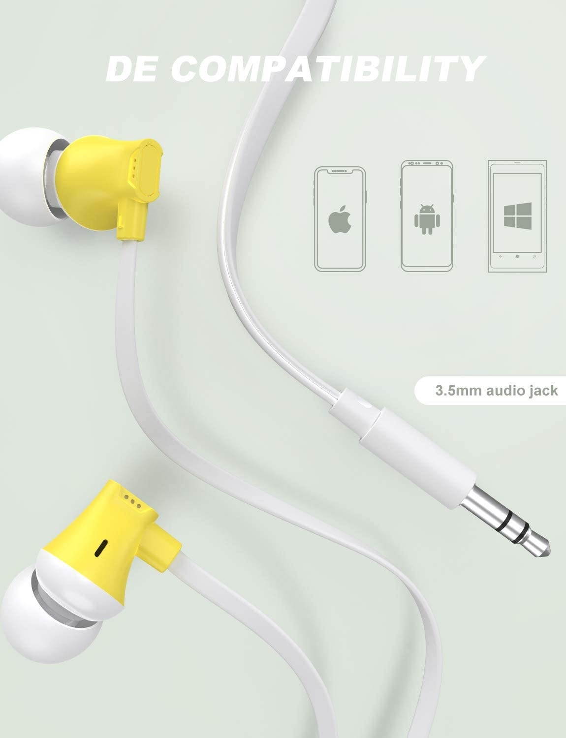 Earbuds Vogek Tangle-Free Flat Cord Ergonomic in-Ear Headphones with Dynamic Crystal Clear Sound Earphones with S/M/L Eartips Compatible with Samsung Android Phone and More-Yellow