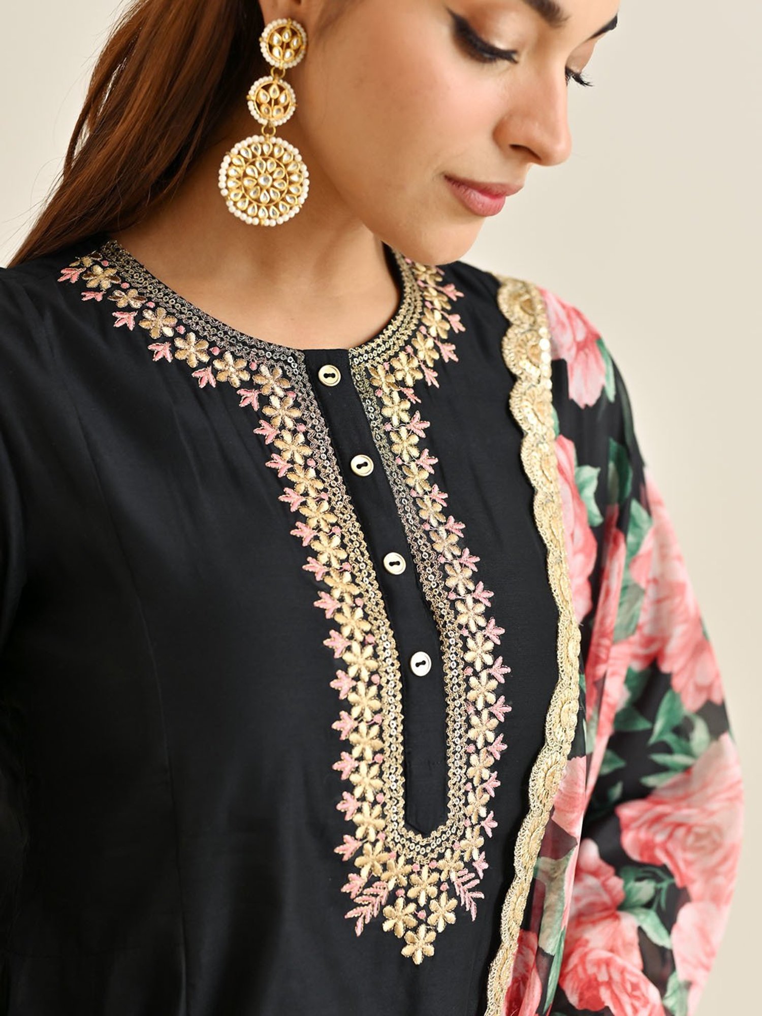 Rustorange Black Embroidered Kurta With Pant & Dupatta