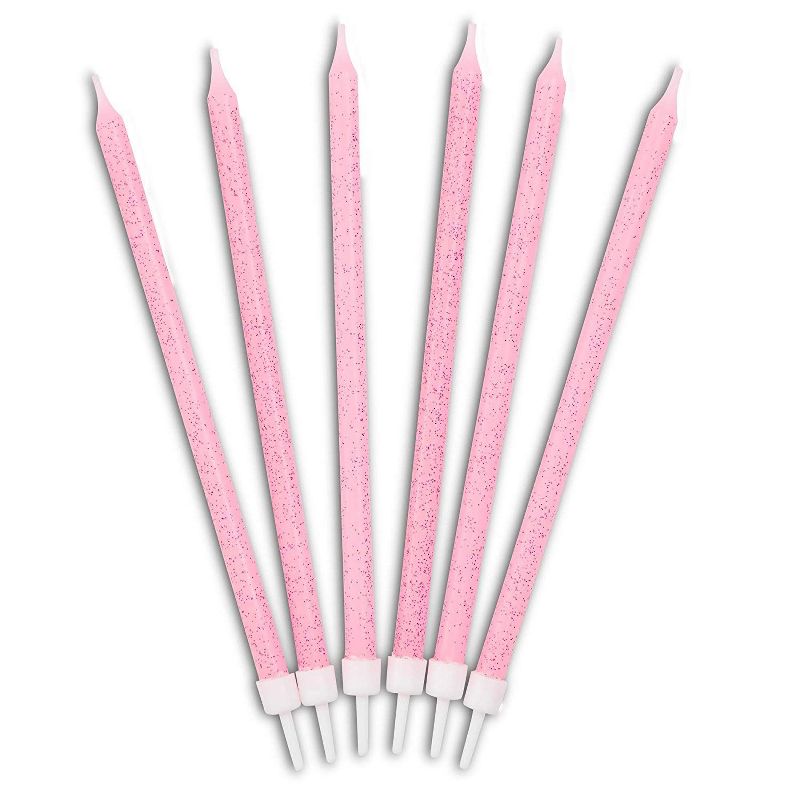 Blue Panda 48-Pack Pink Glitter Confetti Long Thin Birthday Cake Candles 5-Inch with Holders