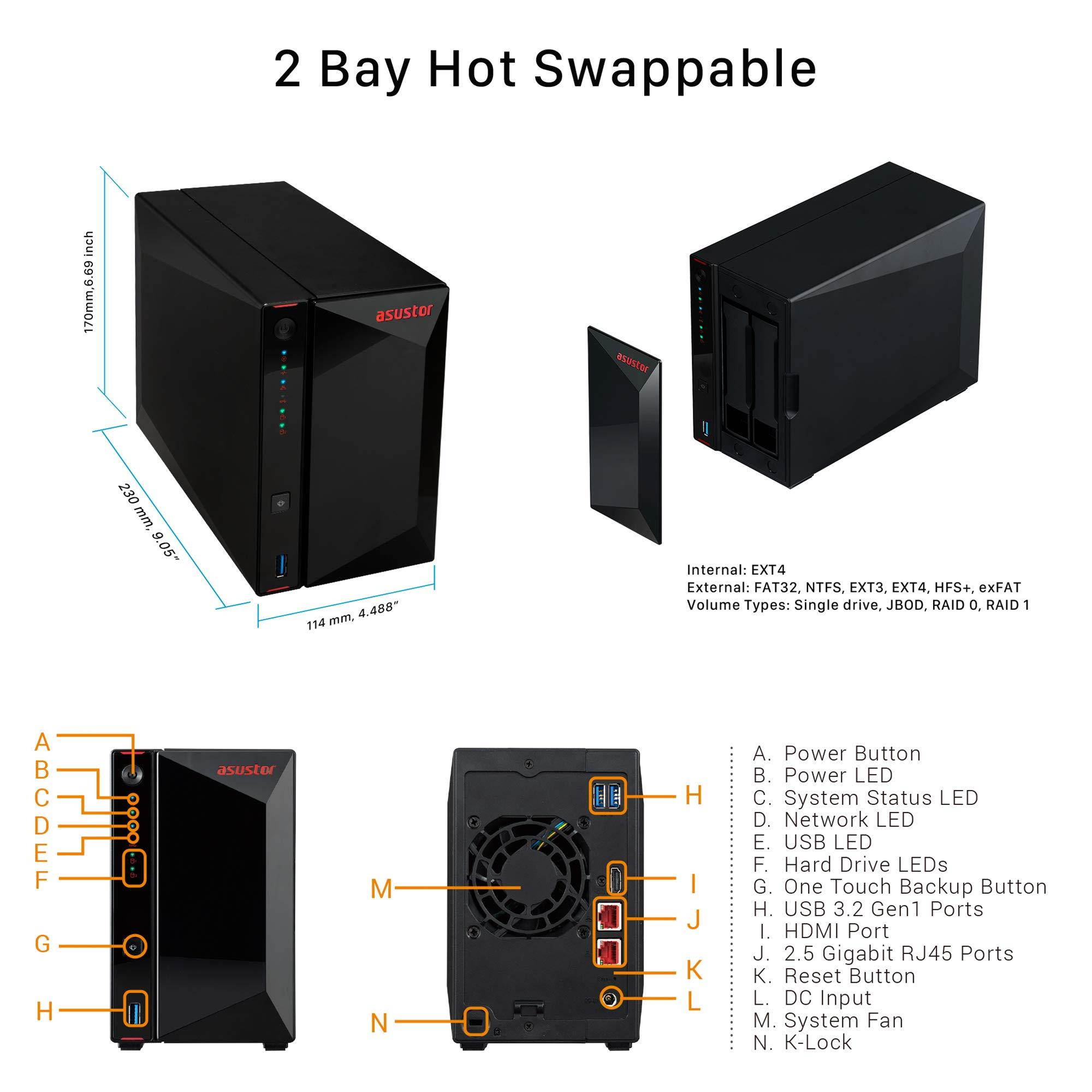 Asustor AS5202T | Gaming Inspired Network Attached Storage | 2.0GHz Dual-Core, Two 2.5GbE Port, 2GB RAM DDR4, 4GB eMMC Flash Memory | Personal Private Cloud (2 Bay Diskless NAS)