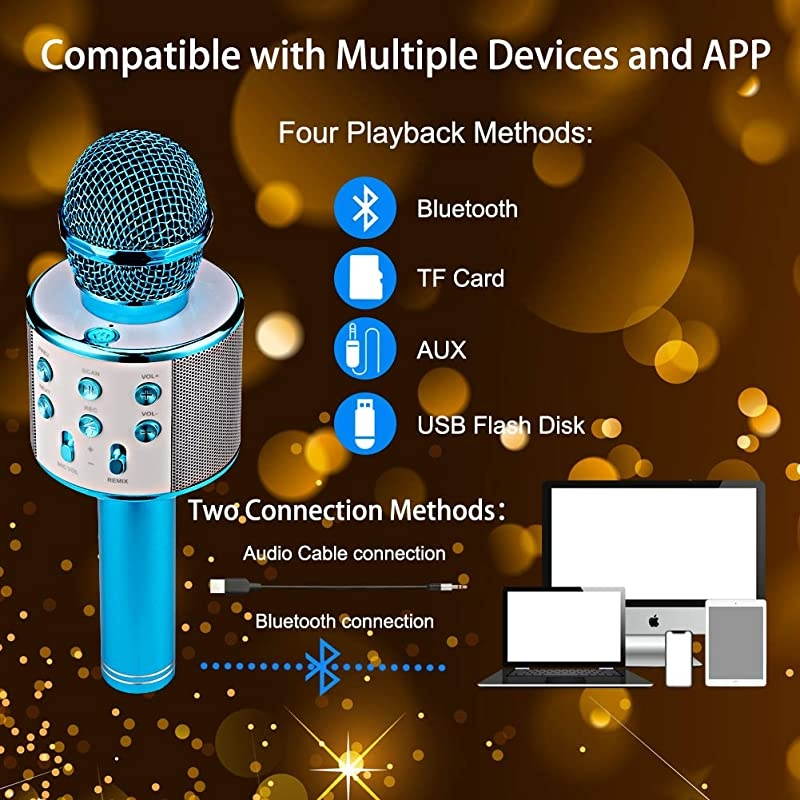 Wireless Bluetooth Karaoke Microphone with Speaker Record Function Best Gift Singing Toy for Kid Rose Gold