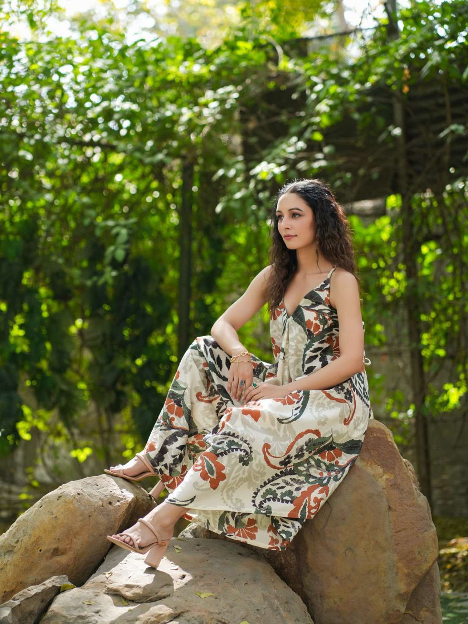 Rain and Rainbow Off-White Cotton Printed A-Line dress Jumpsuit