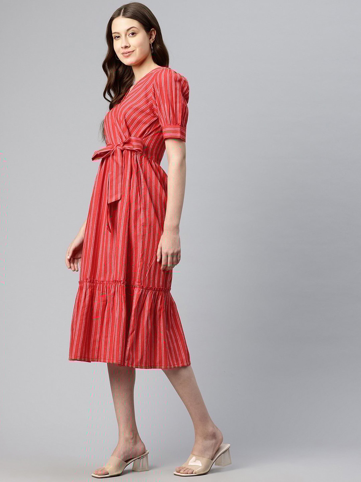 Cottinfab Red & White Cotton Striped Midi Dress