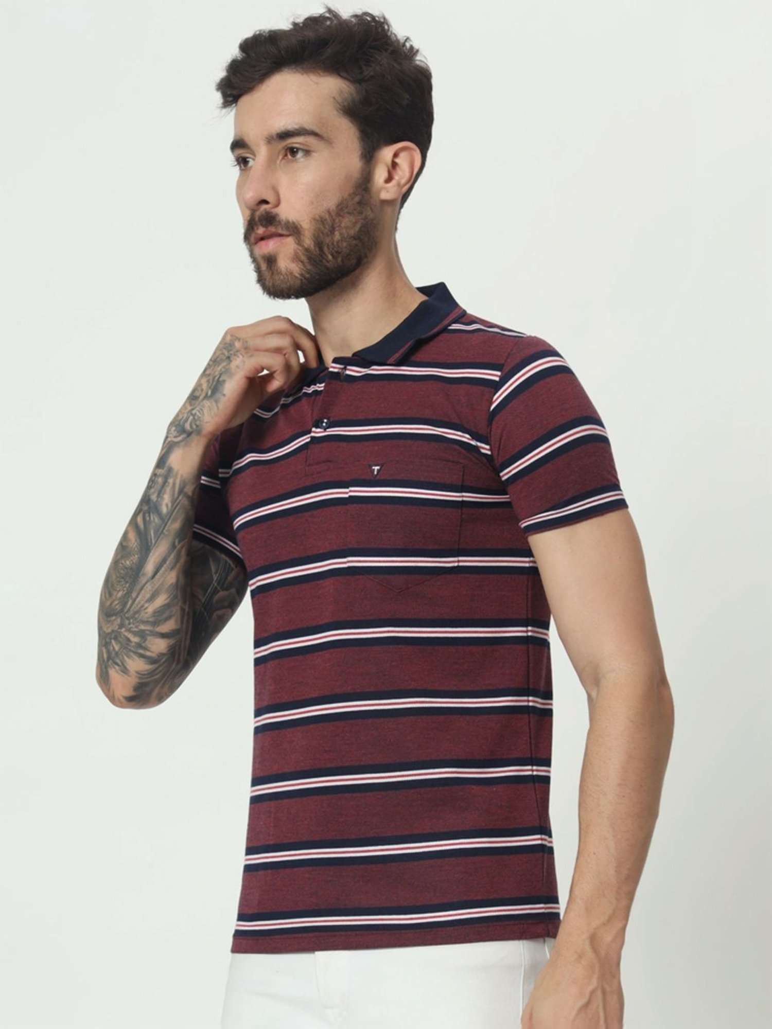 Tab91 Red Regular Fit Striped Polo T-Shirts