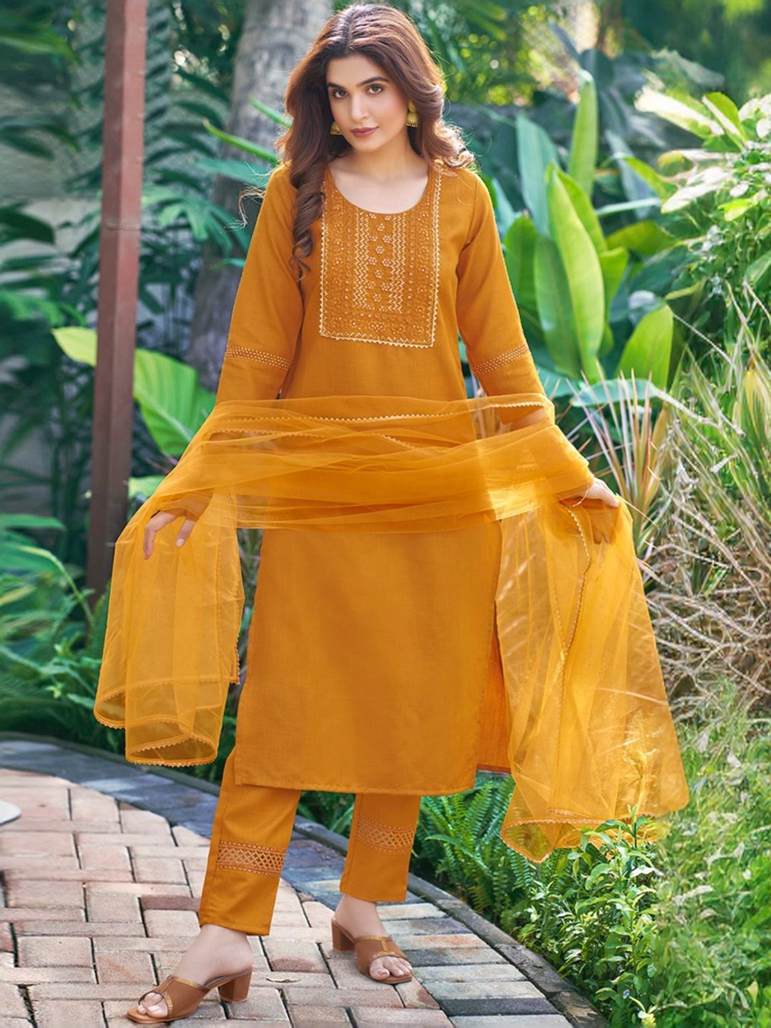 Skylee Yellow Embroidered Kurta Pant Set With Dupatta