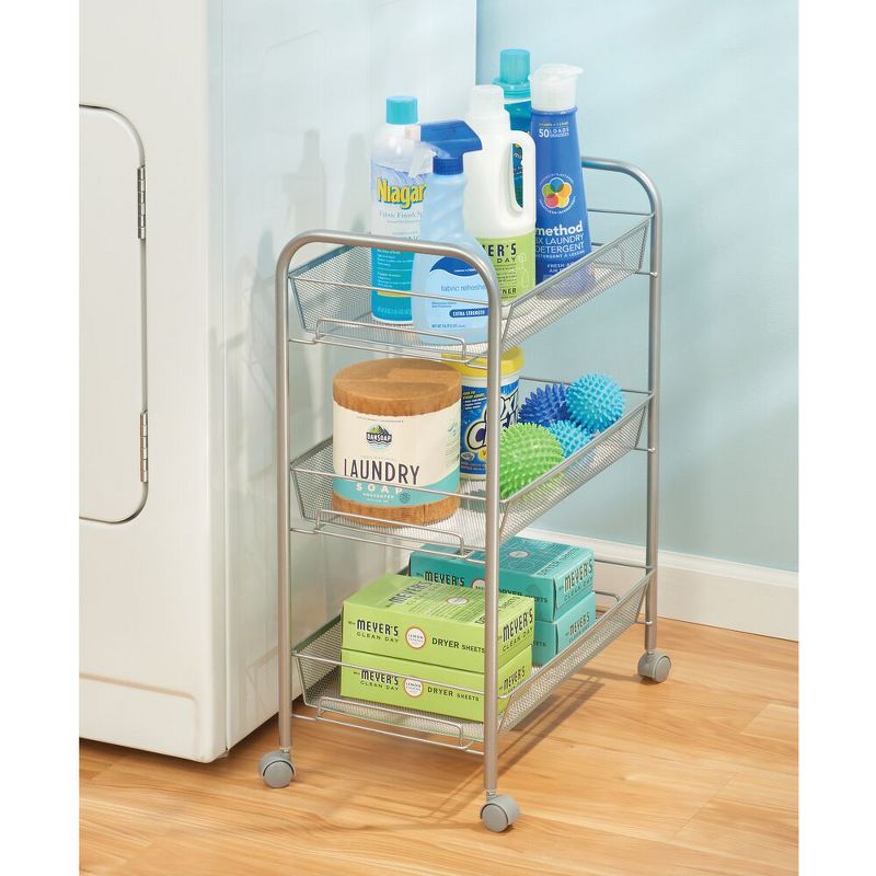 mDesign Portable Metal Rolling Laundry Utility Cart - 3 Shelves -Silver