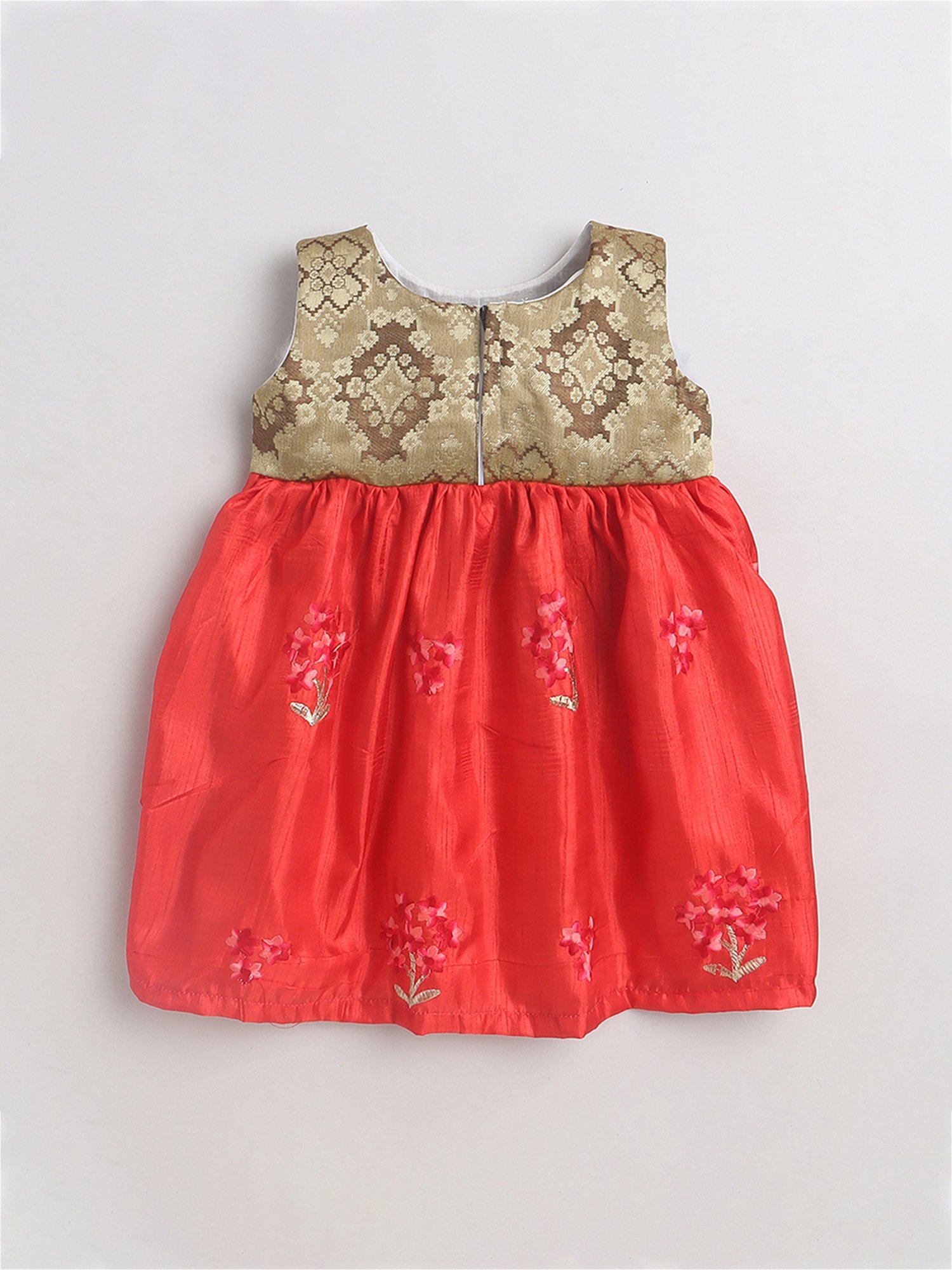 Many Frocks Kids Gold & Red Embroidered Dress
