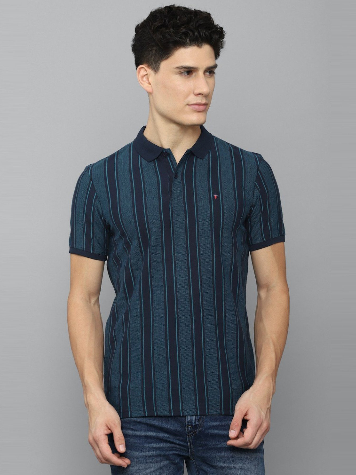 Louis Philippe Sport Dark Blue Cotton Slim Fit Striped Polo T-Shirt