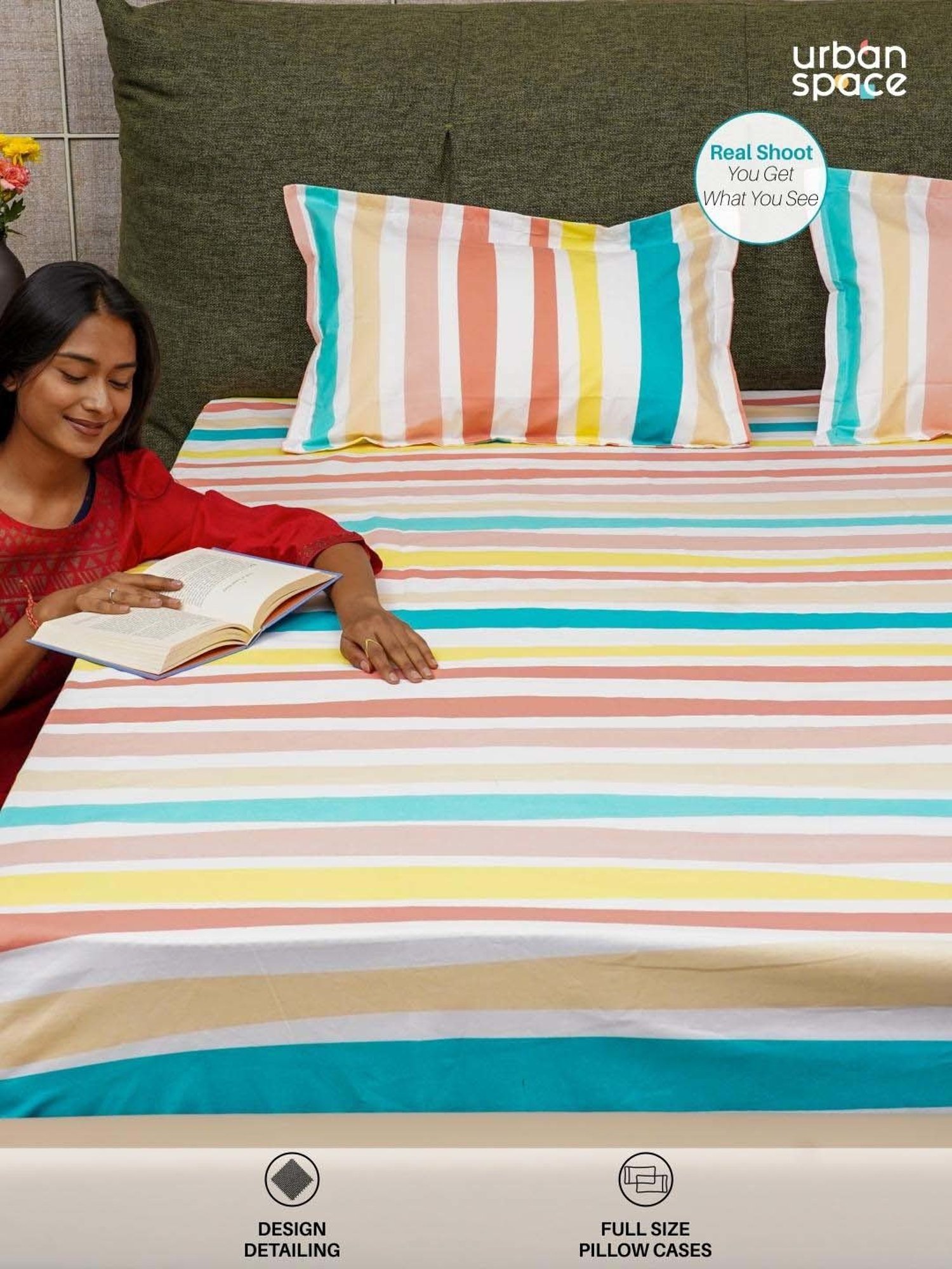 Urban Space Serene Multicolor Cotton 200 TC Queen Size Bedsheet With Pillow Covers