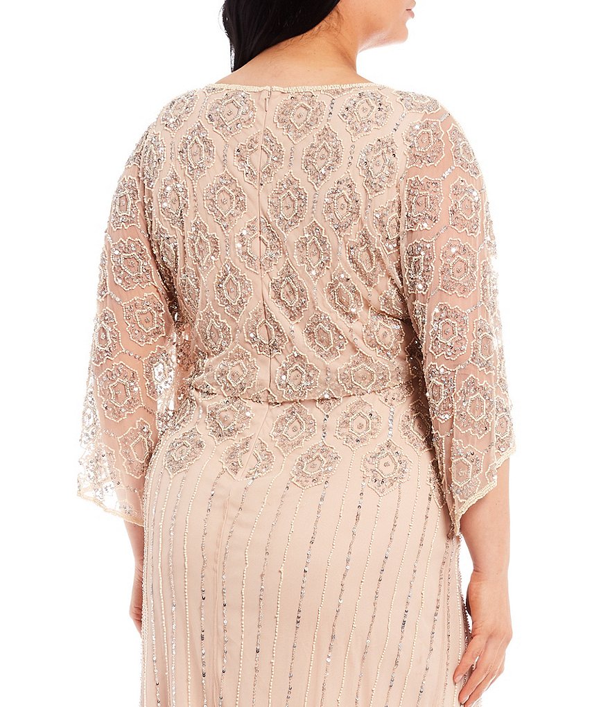 Pisarro Nights Plus Size 3/4 Cold Shoulder Boat Neck Beaded Blouson Gown