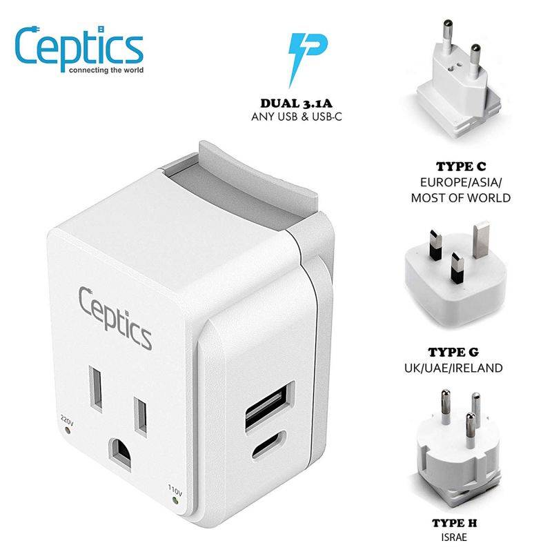 PAK-ME Israel, Jordan, Middle East Travel Adapter Set | Type C, G, H - USB & USB-C Ports + 2 US Outlets