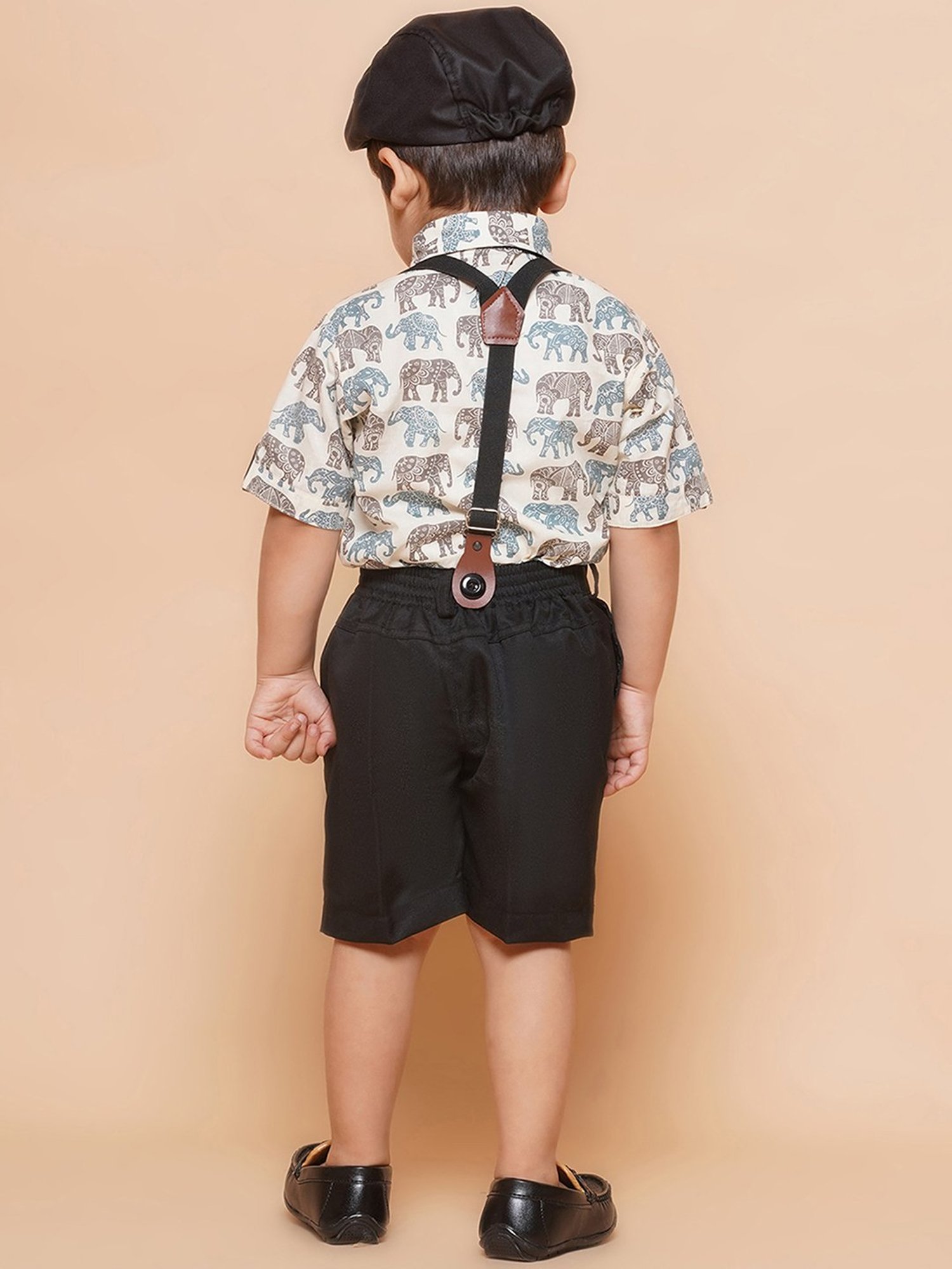 AJ Dezines Kids Black & White Printed Shirt, Shorts, Suspender, Bow with Cap