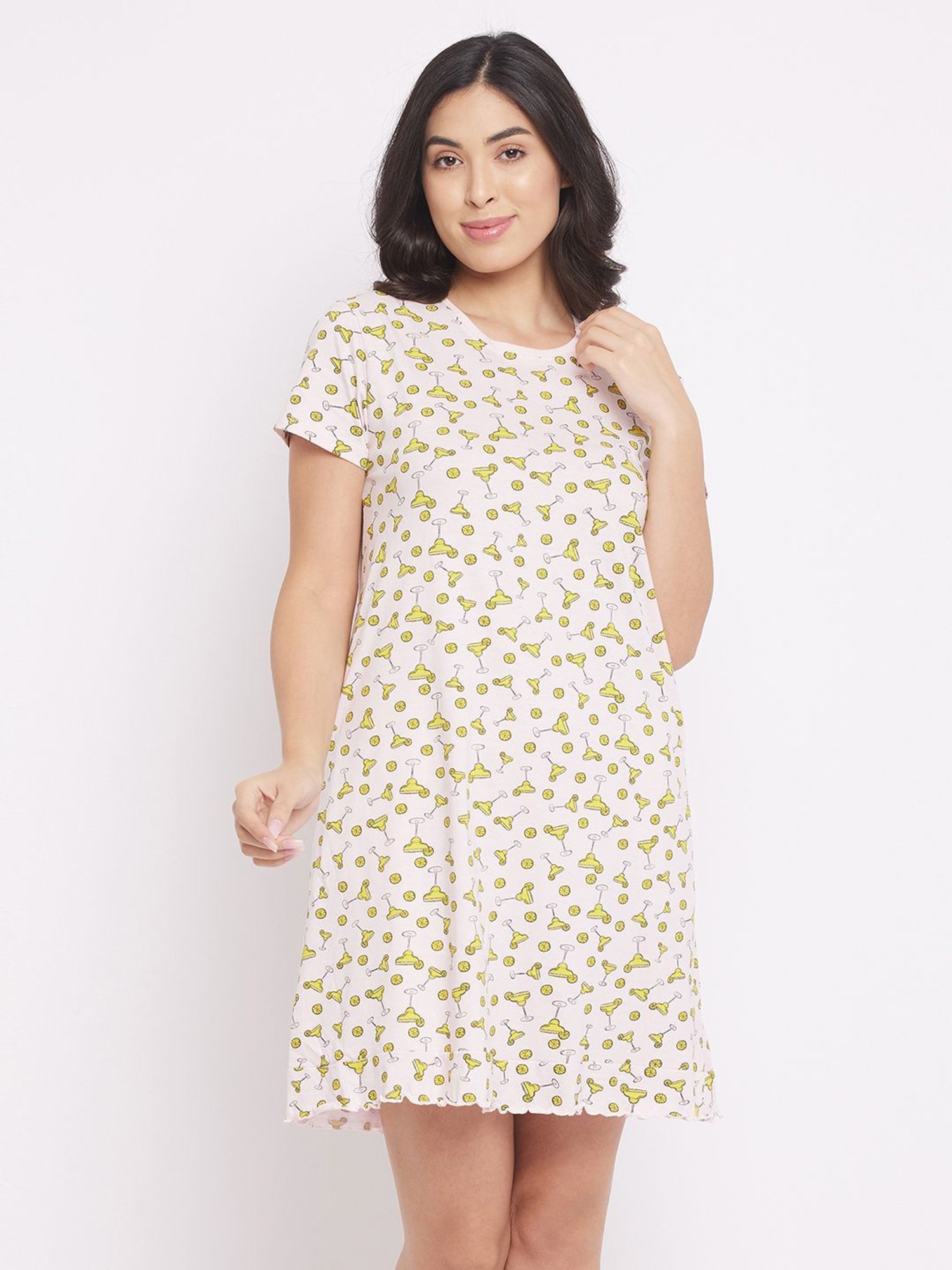 Clovia Light Pink Cotton Graphic Print Night Dress