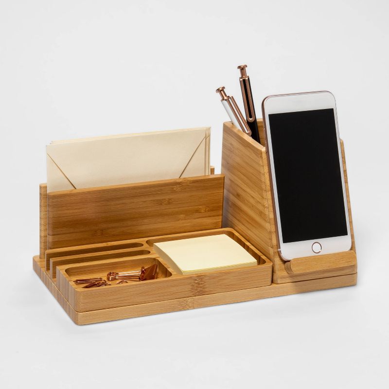 Large Bamboo Desk Storage & 5V/2.4A 2-Port USB-A Qi Wireless Charger - Project 62™