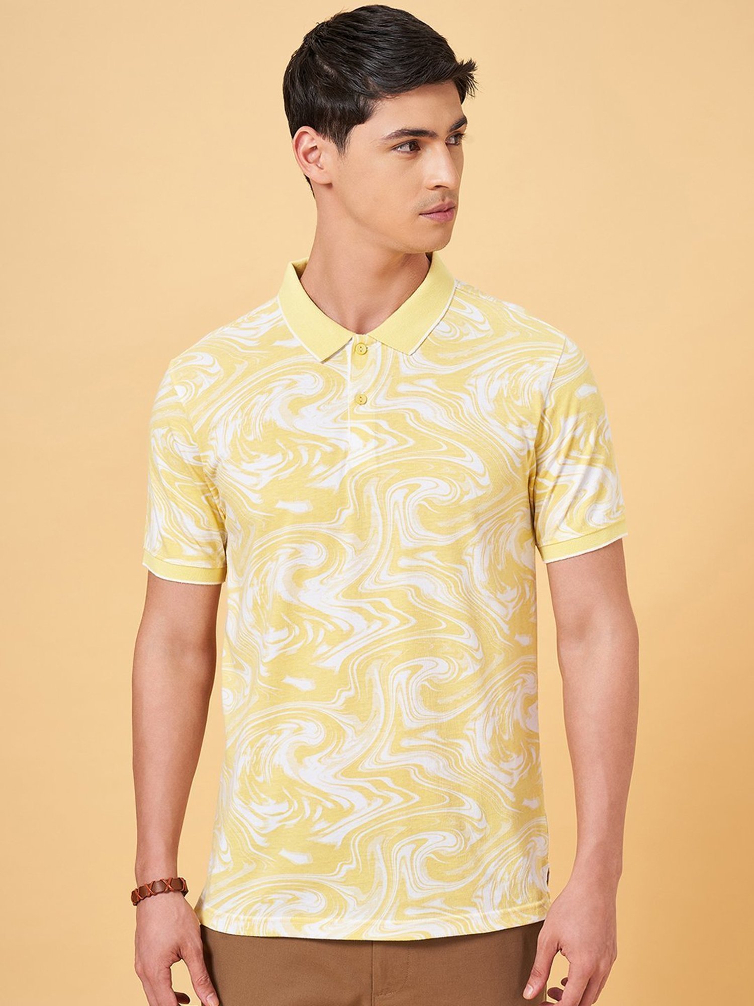 Byford By Pantaloons Yellow Slim Fit Printed Polo T-Shirt