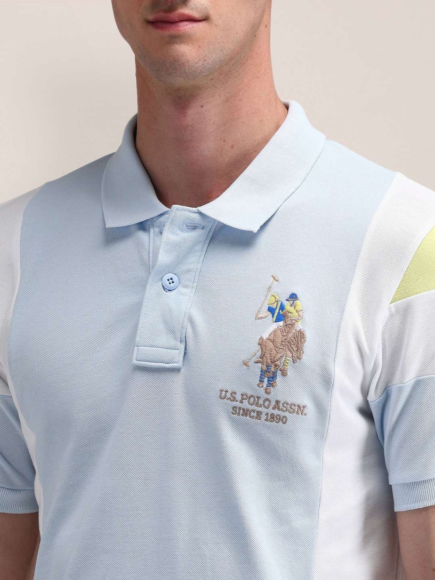 U.S. Polo Assn. Blue Cotton Slim Fit Colour Block Polo T-Shirt