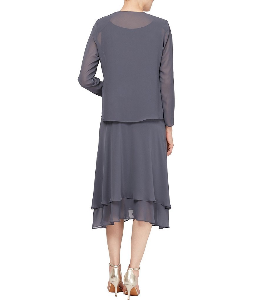 Ignite Evenings Petite Size Scoop Neck Long Sleeve Sequined Shoulder Midi Length 2-Piece Jacket Dress