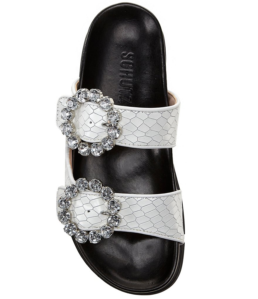 Schutz Ariel Leather Crystal Buckle Detail Flatform Footbed Sandals